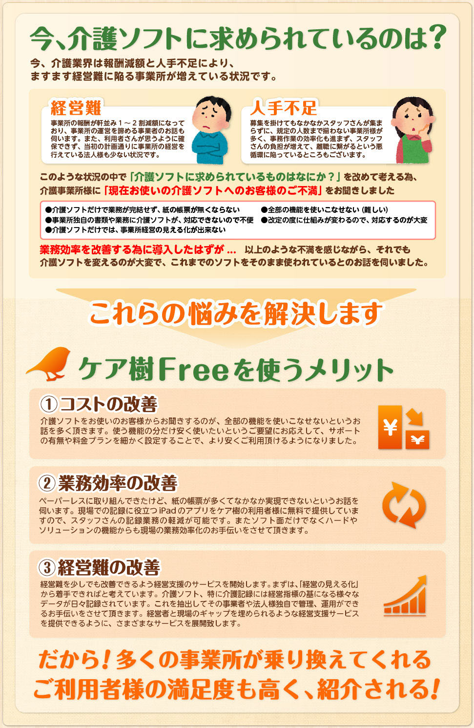 今、介護ソフトに求められているのは？ケア樹Freeを使うメリット「コストの改善、業務の効率化、経営難の改善」